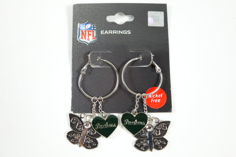 NFL Green Bay Packers Butterfly Dangle Hoop Earrings