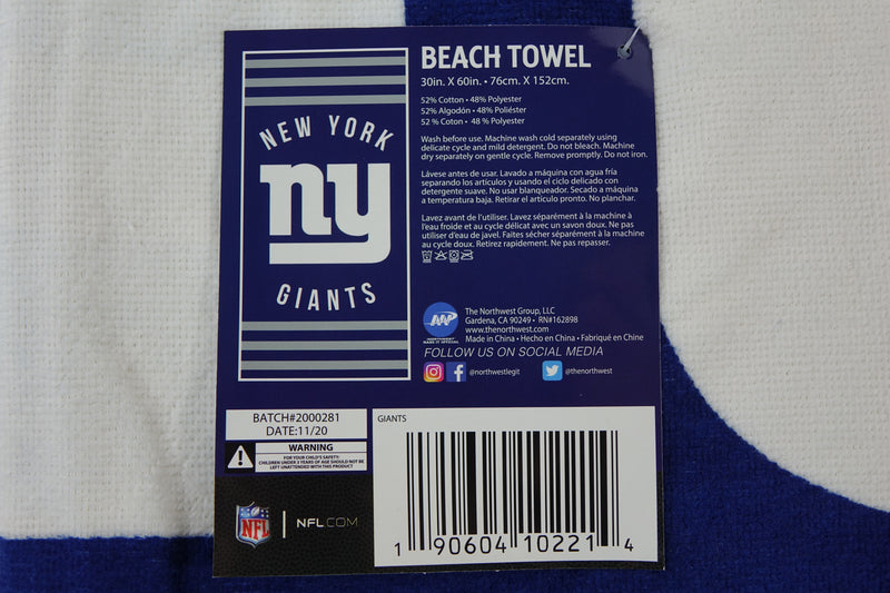 NFL New York Giants Beach Towel, 30" x 60", Stripes