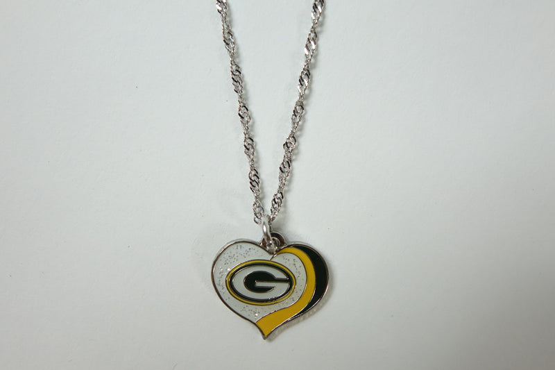 NFL Green Bay Packers Sports Team Logo Glitter Heart Necklace