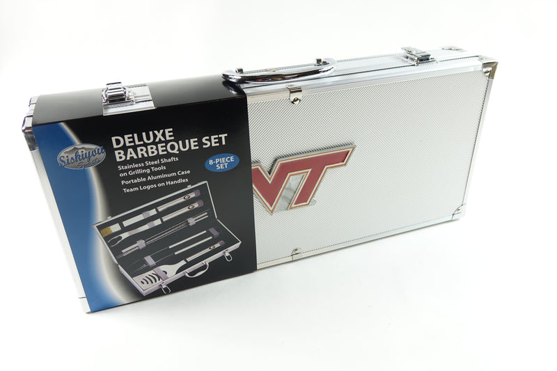 NCAA Virginia Tech Hokies Stainless Steel BBQ Set w/Metal Case 8 piece Gray