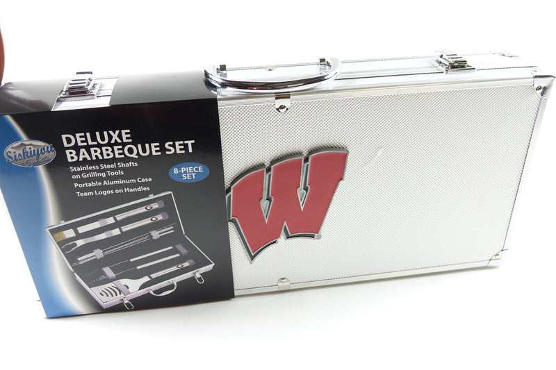 NCAA Wisconsin Badgers Stainless Steel BBQ Set w/Metal Case 8 piece Gray