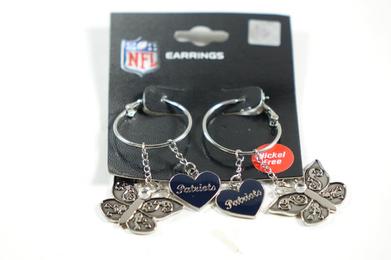 NFL New England Patriots Youth Girls Silvertone Heart Butterfly Earrings